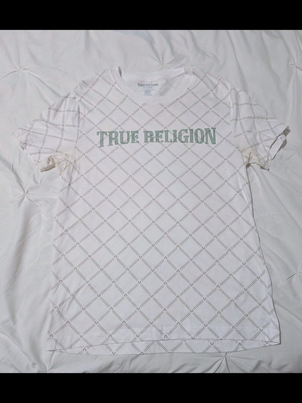 True Religion White Tee with Green Logo and Diamond Print